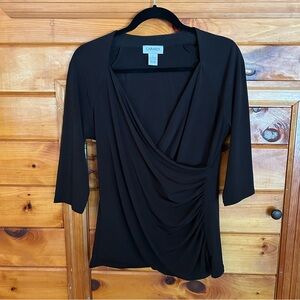 Carmen Marc Valvo Black Wrap Ruched 3/4 Sleeve Blouse